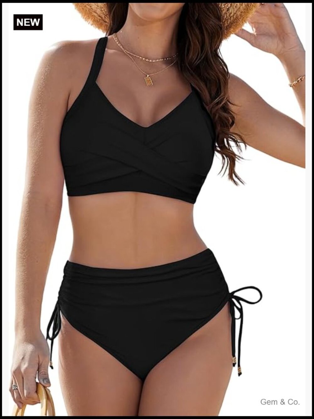 High Waisted Twist Front Bikini Set V Neck Tie Back Two Piece Bathing Suit